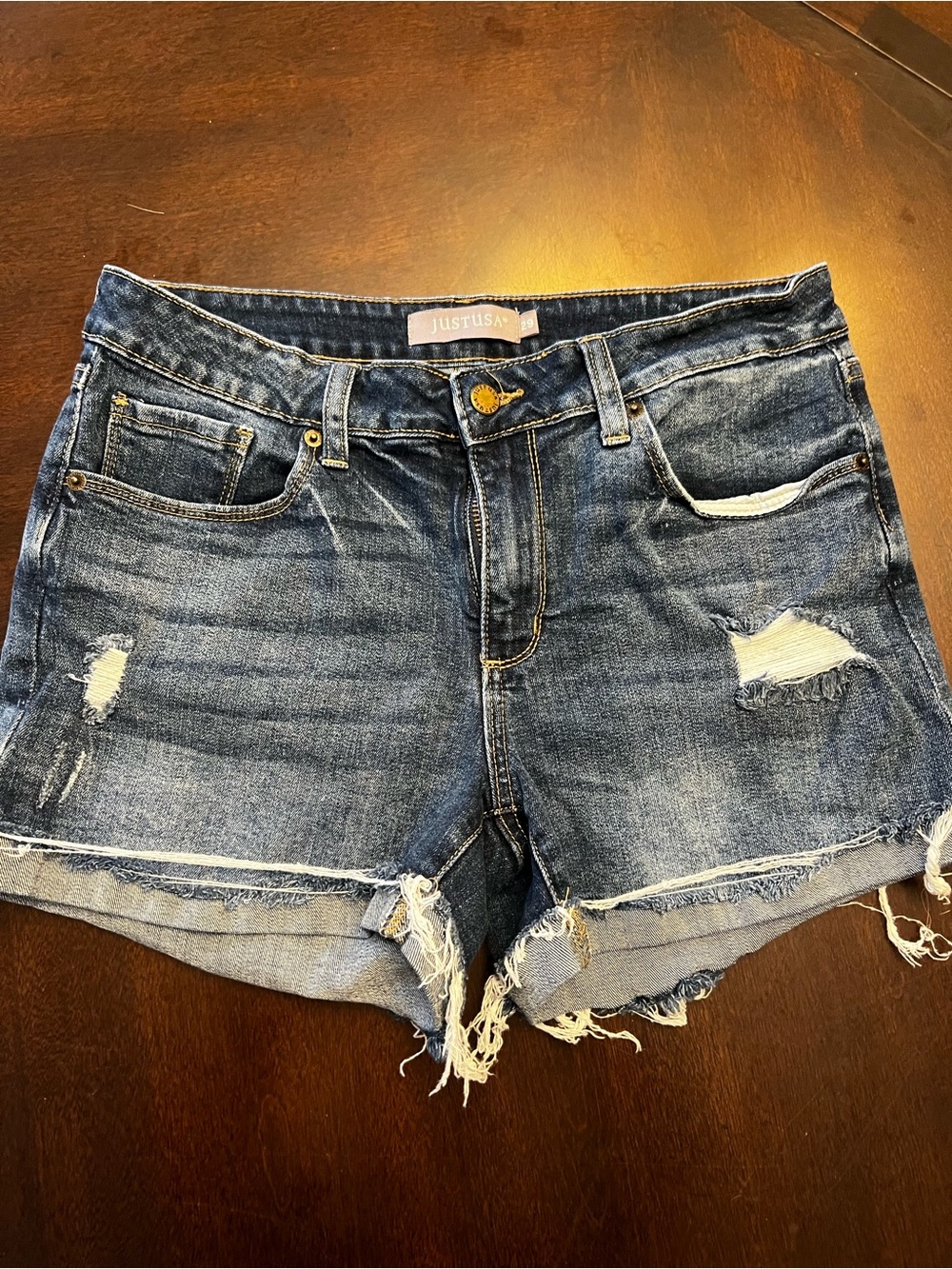 Just USA Distressed Dark Blue Denim Cutoff Shorts